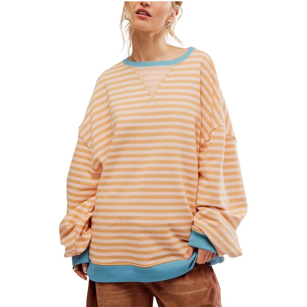 NWOT Free People Classic Striped Oversized Crewneck Latte Combo XS